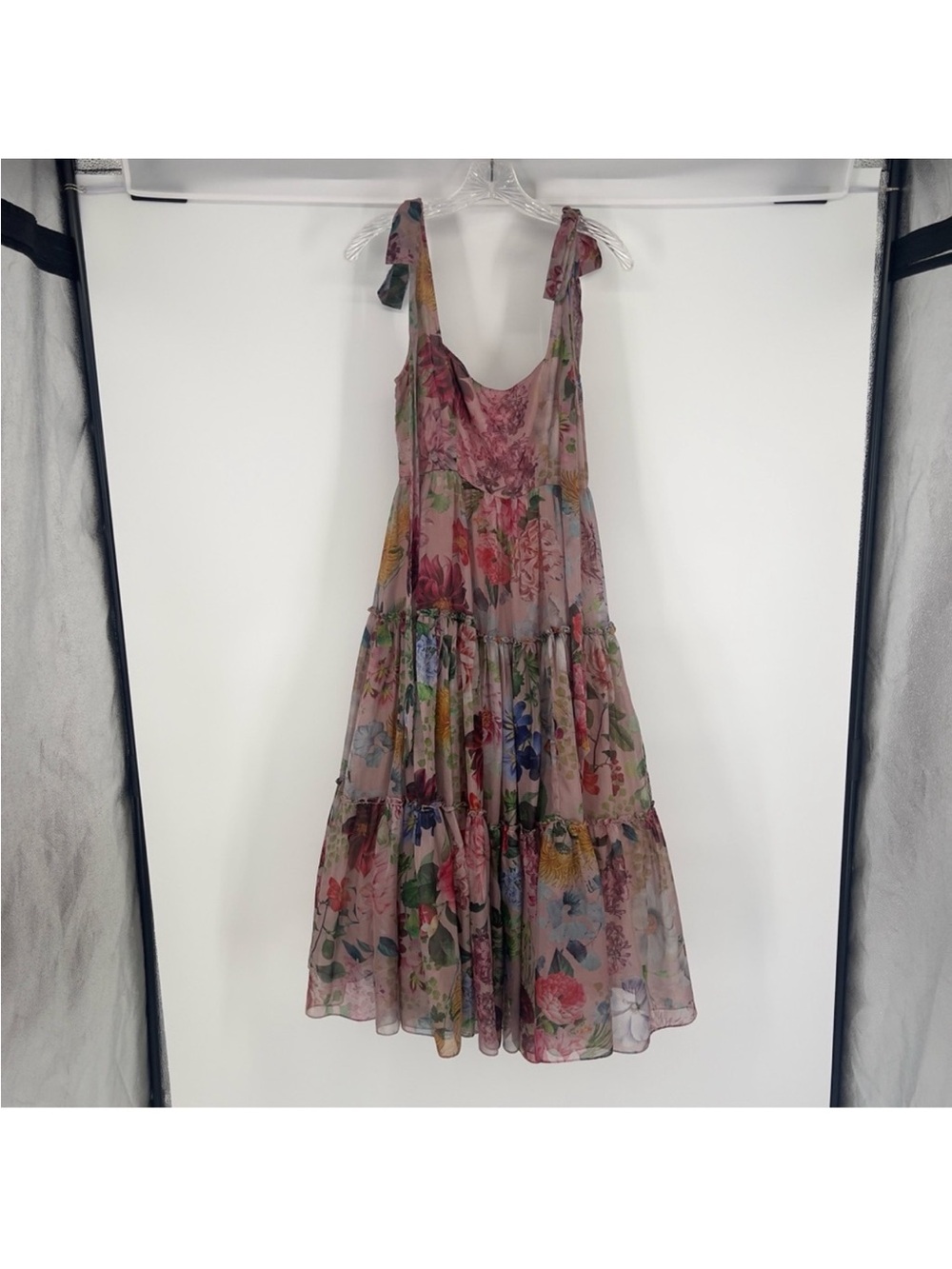 Geisha Designs Isabella Floral Tiered Tie-Shoulder Strap Midi Dress Gown 8 - Picture 4 of 10